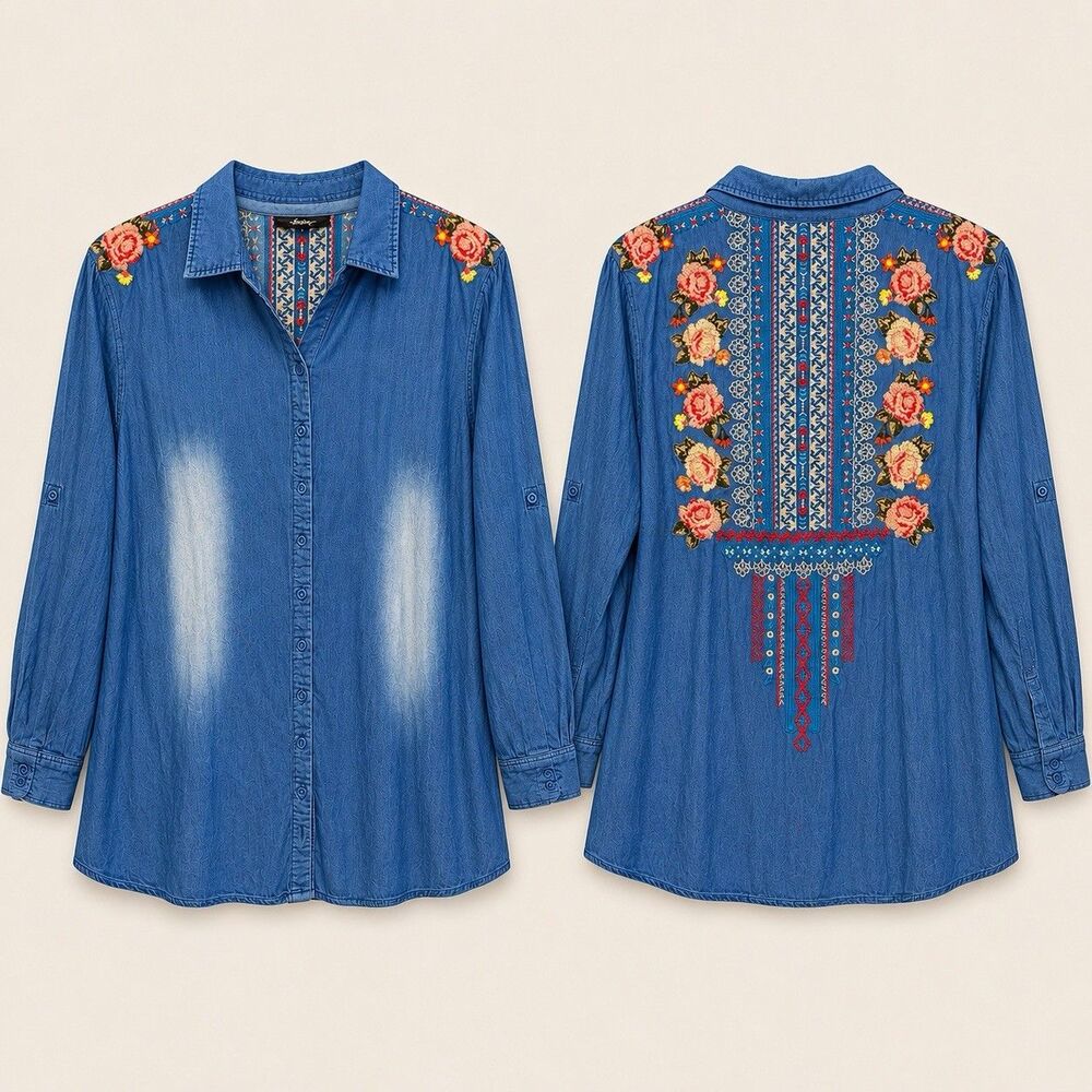 Andree by Unit Womens Chambray Denim Shirt Tunic Top‎ 1X Blue Embroidered Boho